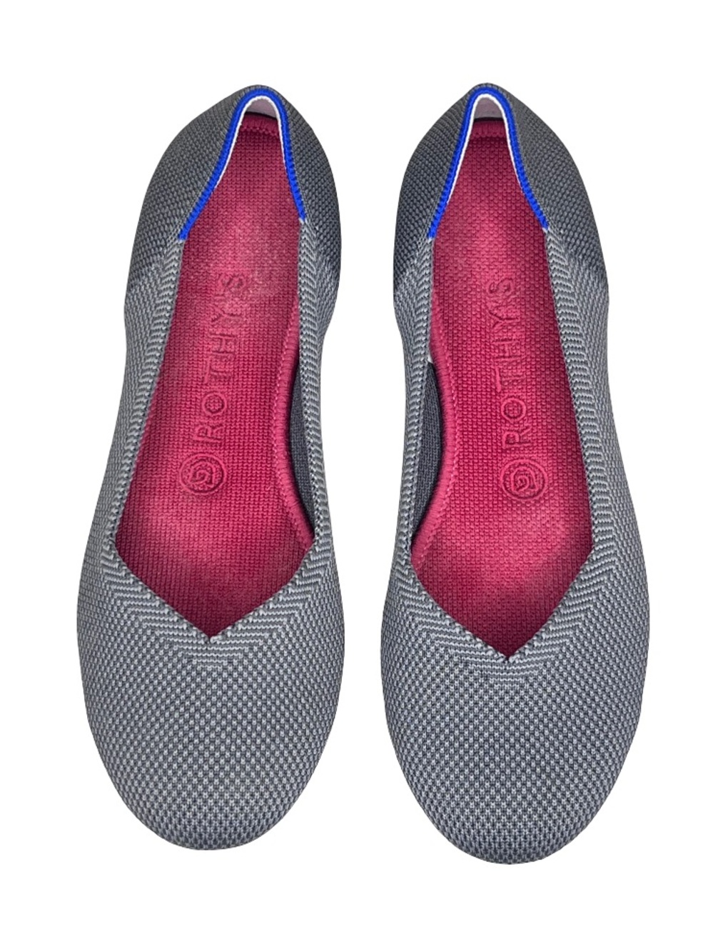 Rothy's Gray Knit Slip-On Ballet Flats with Pink Insole and Blue Trim